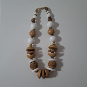 Gold Tone White Brown Wooden Round Chunky Acrylic Bead Statement Necklace